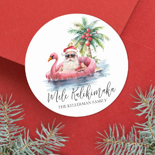 Pegatina Redonda Navidad en la playa Mele Kalikimaka