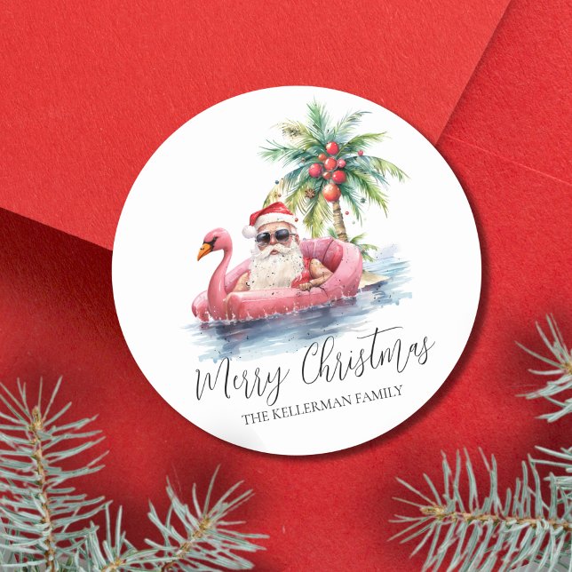 Pegatina Redonda Navidad en la Playa Tropical (Santa Claus Tropical Beach Christmas Classic Round Sticker)