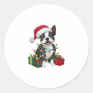 Pegatina Redonda Navidad en Santa Hat Boston Terrier Dog
