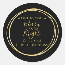 Pegatina Redonda Navidad Familia Alegre y Brillante Negro Oro