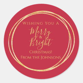 Pegatina Redonda Navidad Familia Alegre y Brillante Rojo Dorado