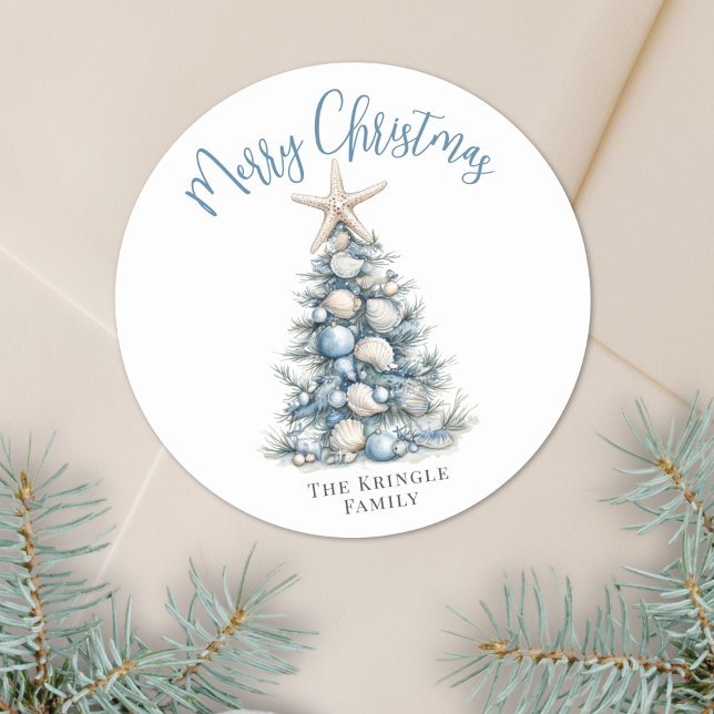 Pegatina Redonda Navidad Feliz de Playa (Beach Merry Christmas Classic Round Sticker)