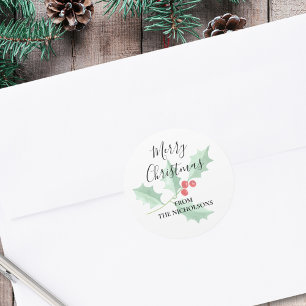 Pegatina Redonda Navidad Feliz Personalizada con Acuarela de Acebo