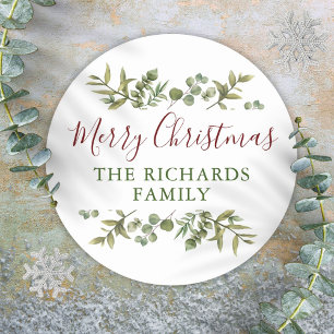Pegatina Redonda Navidad Feliz Personalizada con Verdor Familia