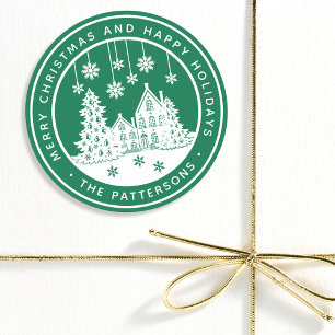 Pegatina Redonda Navidad Feliz Personalizada Nombre de Familia