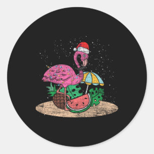 Pegatina Redonda Navidad Flamenco Rosa Hawái Verano Tropical Navida