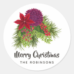 Pegatina Redonda Navidad floral acuarela
