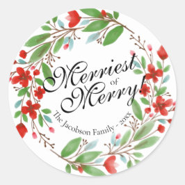 Pegatina Redonda Navidad floral en acuarela más alegre