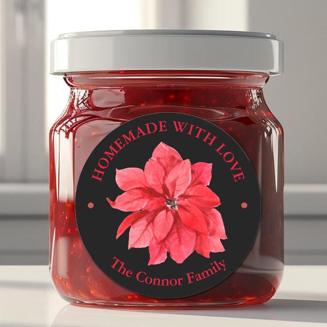 Pegatina Redonda Navidad Floral Hecho en Casa con Amor (Homemade With Love Christmas Poinsettia 3" Round Black Stickers)