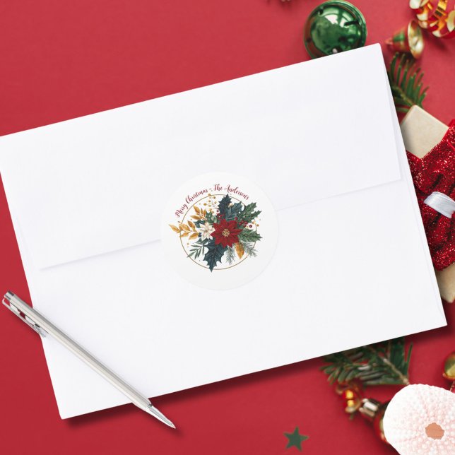 Pegatina Redonda Navidad Floral Personalizada Rojo Verde Dorado (Red Green Gold Floral Botanical Personalized Christmas Holiday Stickers)