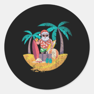 Pegatina Redonda Navidad hawaiana de Santa Tropical Verano Surfing