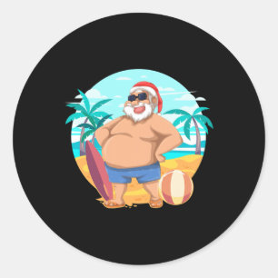 Pegatina Redonda Navidad hawaiana divertida Santa Claus tropical