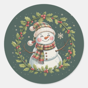 Pegatina Redonda Navidad Hermoso Muñeco de Nieve Temporada Invernal