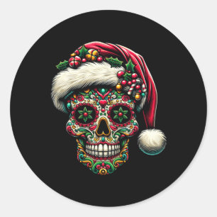 Pegatina Redonda Navidad Hombre Azúcar Calavera Santa Sombrero Día