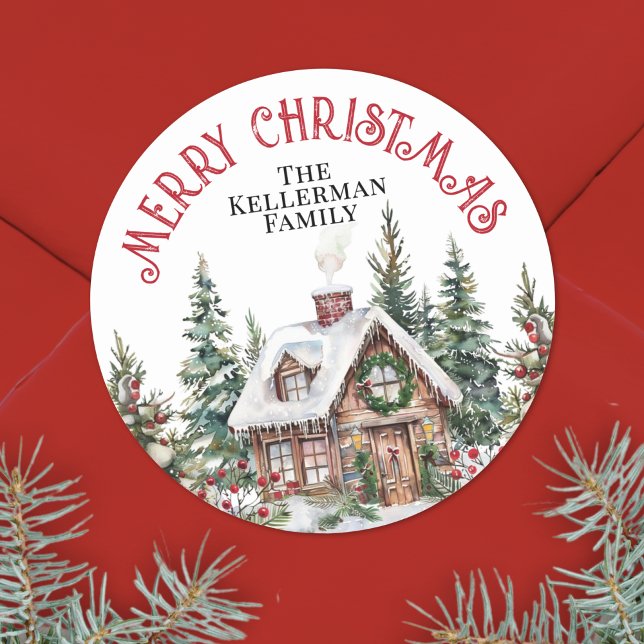 Pegatina Redonda Navidad Invernal Festiva (Festive Winter Watercolor Christmas Classic Round Sticker)