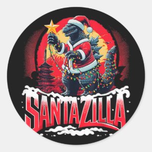 Pegatina Redonda Navidad Kaiju Santazilla Monstruo Japonés Dinosa