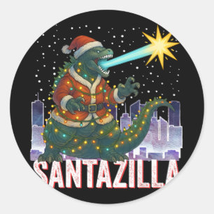 Pegatina Redonda Navidad Kaiju Santazilla Monstruo Japonés Dinosaur