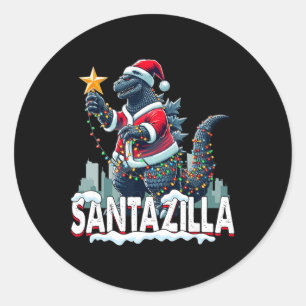 Pegatina Redonda Navidad Kaiju Santazilla Monstruo Japonés Dinosaur