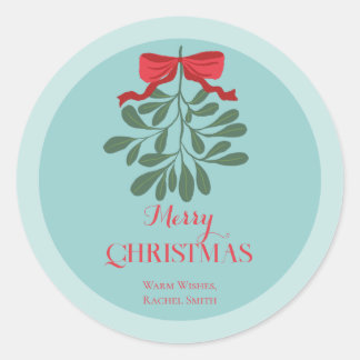 Pegatina Redonda Navidad lazo rojo hojas dibujadas a mano minimalis