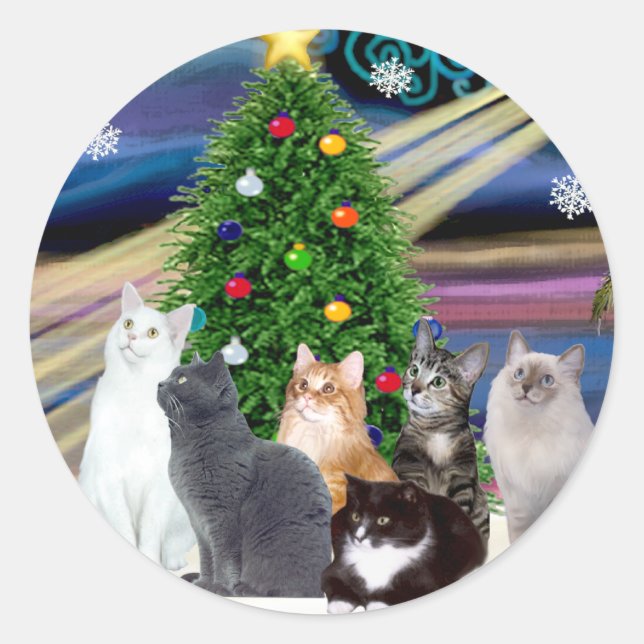 Pegatina Redonda Navidad Magia - Seis gatos (variedad) (Anverso)