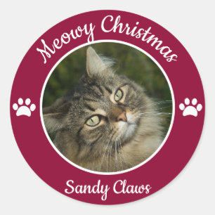 Pegatina Redonda Navidad Meowy Foto de Gato Adorable con Nombre Pat
