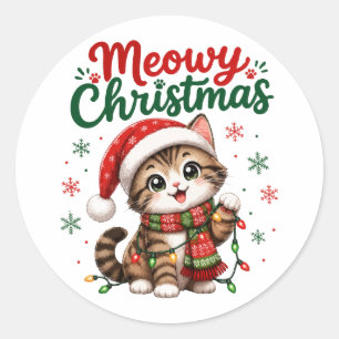 Pegatina Redonda Navidad Meowy Gato Lindo Fiesta
