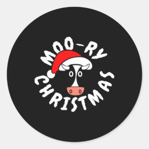 Pegatina Redonda Navidad Moo-ry Vaca Divertida Novilla Doodle