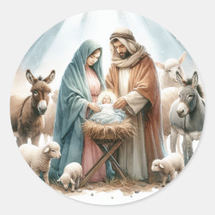 Pegatina Redonda Navidad Natividad Acuarela