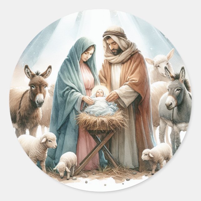 Pegatina Redonda Navidad Natividad Acuarela (Anverso)