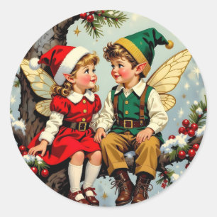 Pegatina Redonda Navidad Niños Hadas Élficas Vintage Lindos