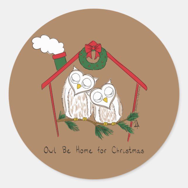 Pegatina Redonda Navidad Owl Be Home Cute (Anverso)