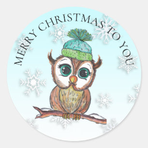 Pegatina Redonda Navidad Owl sentado en Branch Holiday