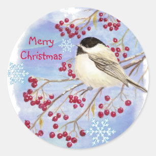 Pegatina Redonda Navidad, pájaro del Chickadee del invierno
