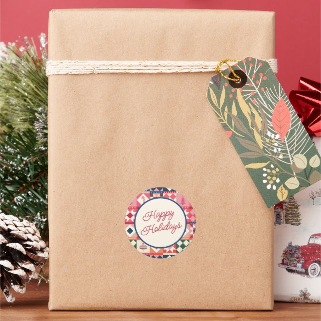Pegatina Redonda Navidad Patchwork Multicolor Felices Fiestas (Vacaciones)