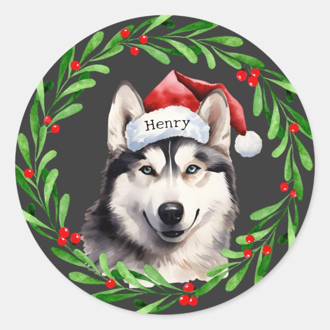 Pegatina Redonda Navidad Perro Siberian Husky Santa Hat vacaciones (Anverso)