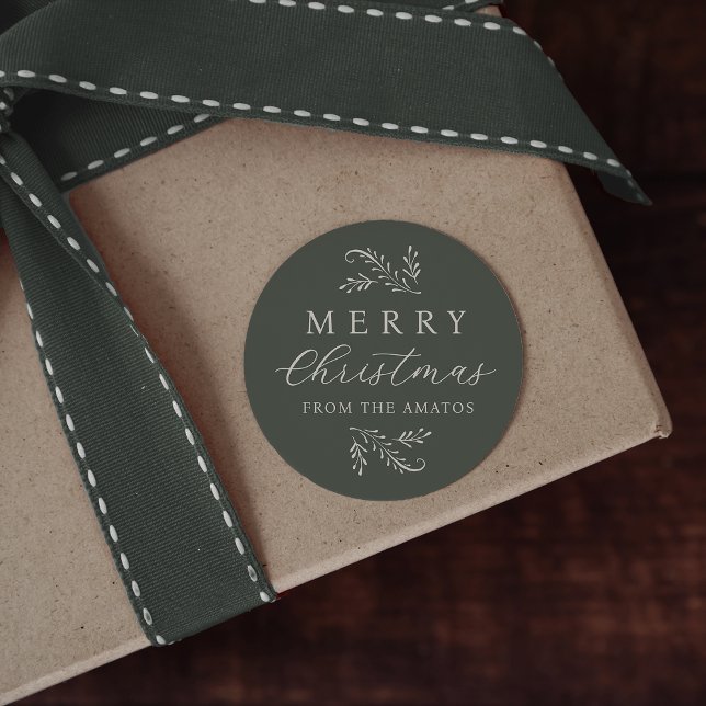 Pegatina Redonda Navidad Personalizada Botánica Verde Elegante (Subido por el creador)