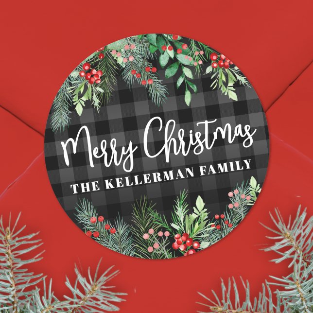 Pegatina Redonda Navidad Personalizada con Elegante Vegetación (Greenery Plaid Merry Christmas Classic Round Sticker )