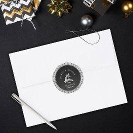 Pegatina Redonda Navidad Personalizada Cuadro Negro Blanco Alegre y