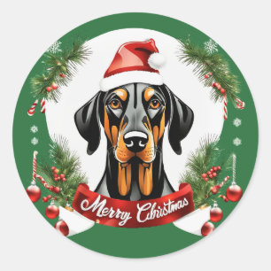 Pegatina Redonda Navidad personalizada Doberman Dog Feliz Navidad