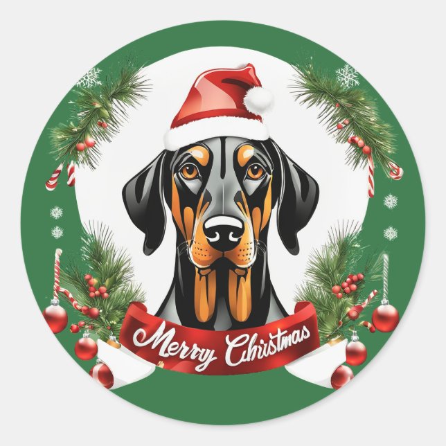Pegatina Redonda Navidad personalizada Doberman Dog Feliz Navidad (Anverso)