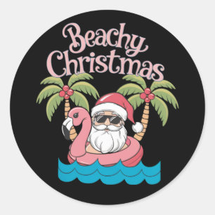 Pegatina Redonda Navidad Playera Vacaciones Tropicales Santa Playa