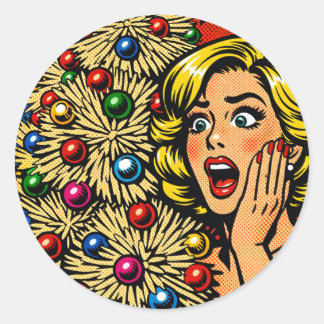 Pegatina Redonda Navidad Pop Art, expresión de shock, árbol funky