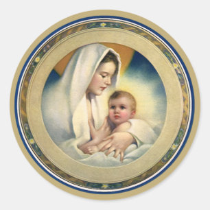 Pegatina Redonda Navidad Religiosa Vintage, Madonna y Niño