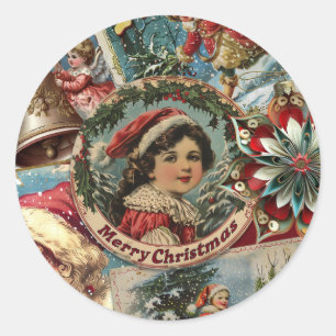 Pegatina Redonda Navidad Retro Vintage: Collage de Alegría Navideña