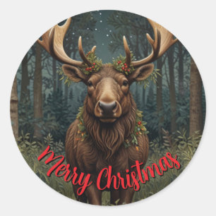 Pegatina Redonda Navidad rústica alce ciervo boho bosque forestal