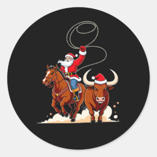 Pegatina Redonda Navidad Santa Vaquero Lazo Montar Toro Rodeo