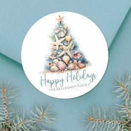 Pegatina Redonda Navidad Tree Beach Felices Fiestas