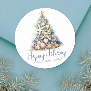 Pegatina Redonda Navidad Tree Beach Felices Fiestas
