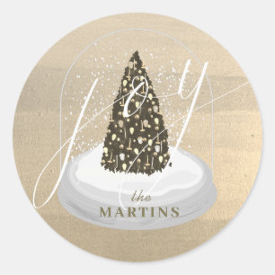 Pegatina Redonda Navidad Tree Snow Globe Gold Joy Holiday