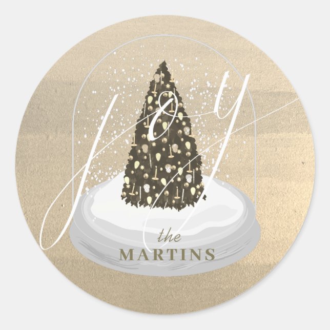 Pegatina Redonda Navidad Tree Snow Globe Gold Joy Holiday (Anverso)